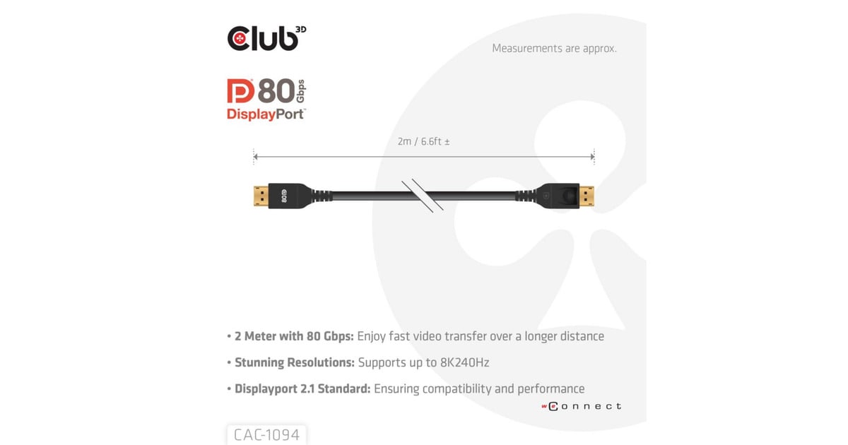 Club 3DDisplayPort 2.1 VESA DP80 Certified kabel 8K240Hz 2m  (Zwart)