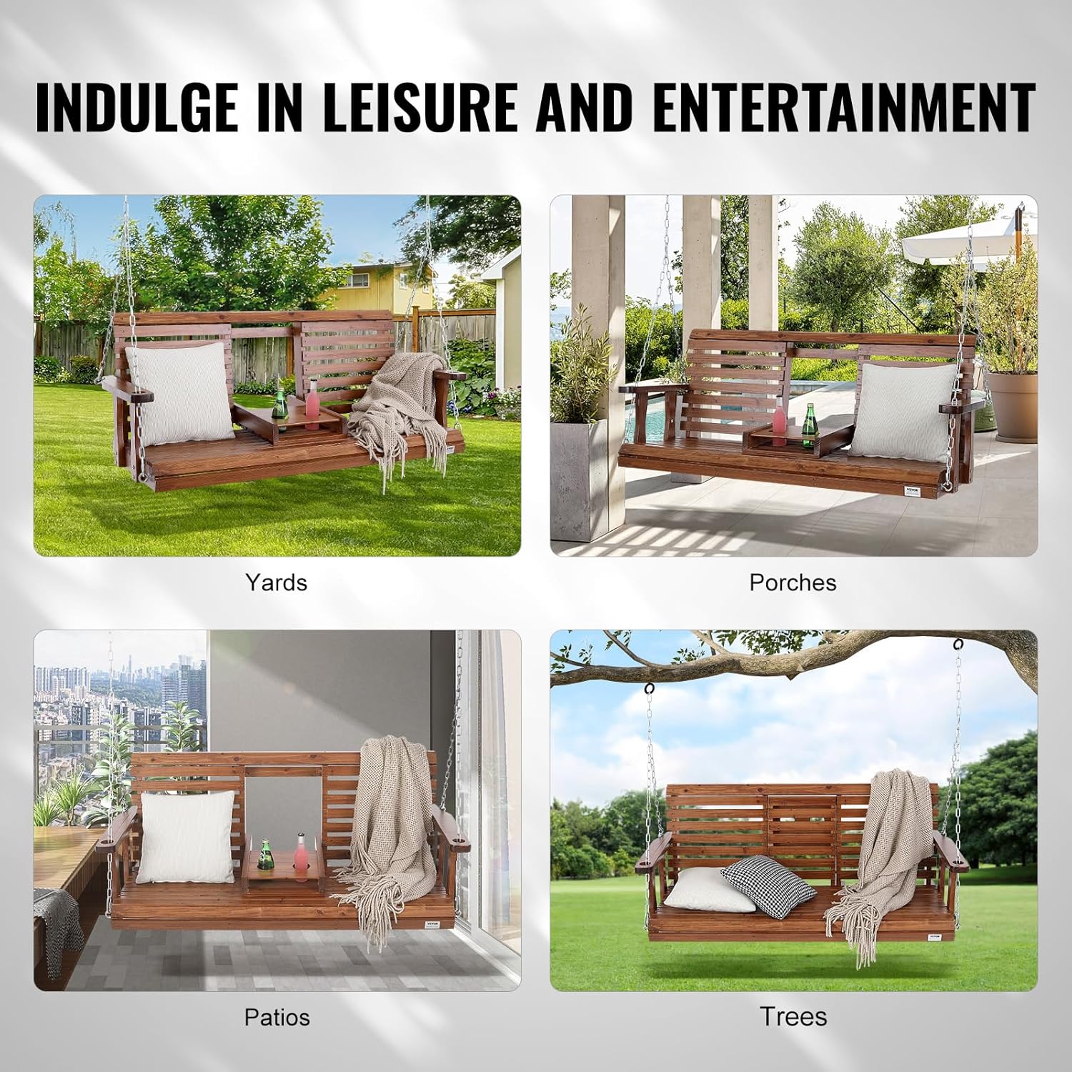 VEVOR Hollywoodschaukel Zedernholz, 1523x710x600mm, Terrassenschaukel für Hof und Garten, verbesserte Tragkraft von ca. 400 kg, robuste Schaukelstuhlbank mit Aufhängeketten für den Außenbereich, braun