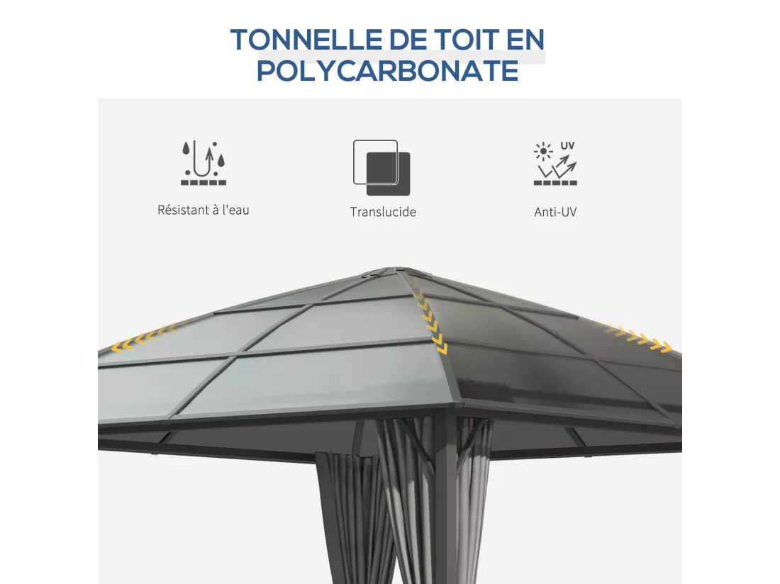 Pavillon de jardin barnum rigide dim. 3,05L x 3,05l x 2,7H m 4 rideaux zippés alu. acier polycarbonate noir polyester gris