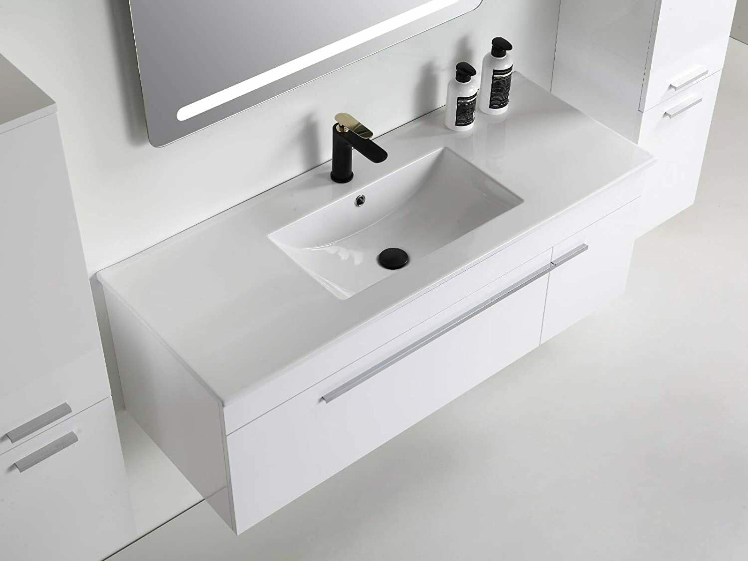 Faizee Möbel Badmöbel Set 90cm Weiß (Eckiger Spiegel, 2 Seitenschränke)