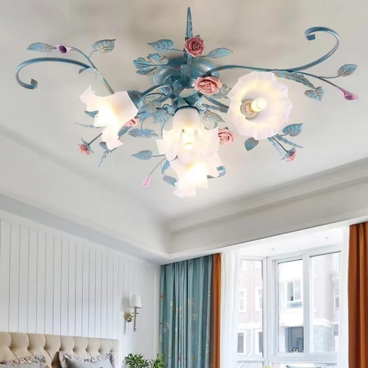 Deckenleuchte Landhaus,Vintage Blumen Design Metall Pendelleuchte, Kronleuchter Mit Glas Lampenschirm Und Rosa Rosen Keramik Für Wohnzimmer Schlafzimmer Restaurant Flur 4 Kopf Blau