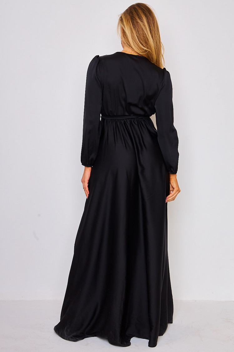 Robe maxi fendue noir en satin à attacher