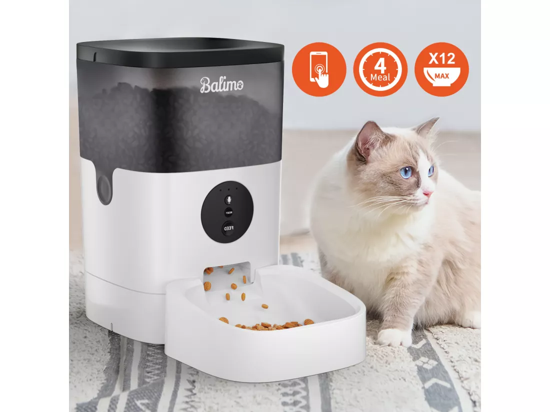 WIFI Distributeur de Croquettes Balimo 4L pour Chats/Chiens Télécommande Téléphone Portable LCD,Adaptateur Secteu /Batterie,Fonction d'Enregistrement