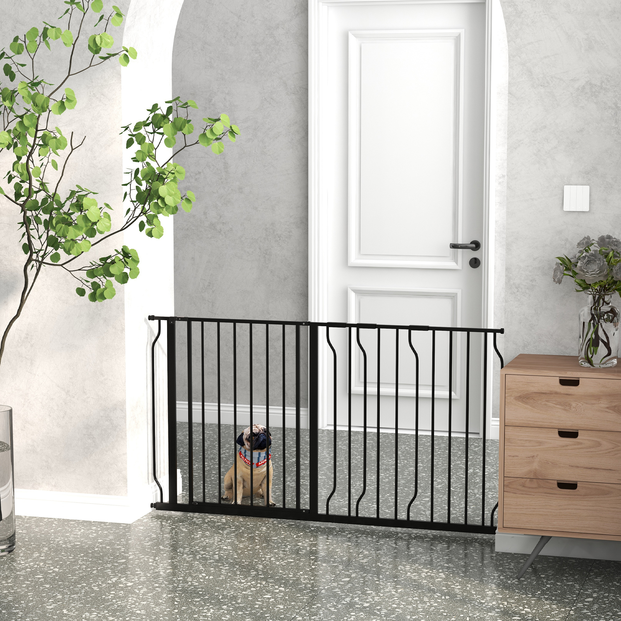 Portão de segurança extensível PawHut, barreira para animais de estimação com 2 extensões, montagem por pressão, trava dupla para portas, corredores e escadas, 75-115 x 76 cm, preto