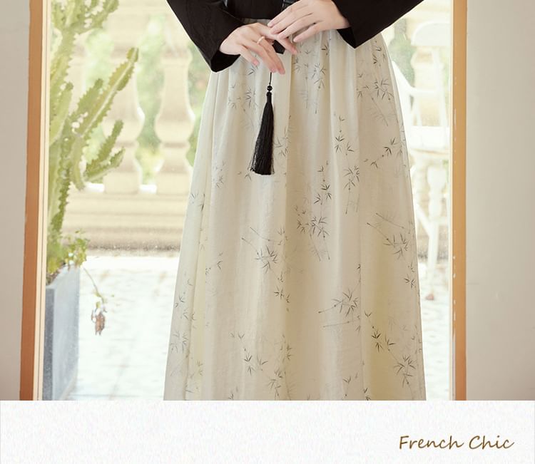 Cocaliso - Blouse met pofmouwen en bloemenprint en strik / Midi-lijn rok met hoge taille / Blazer / Set