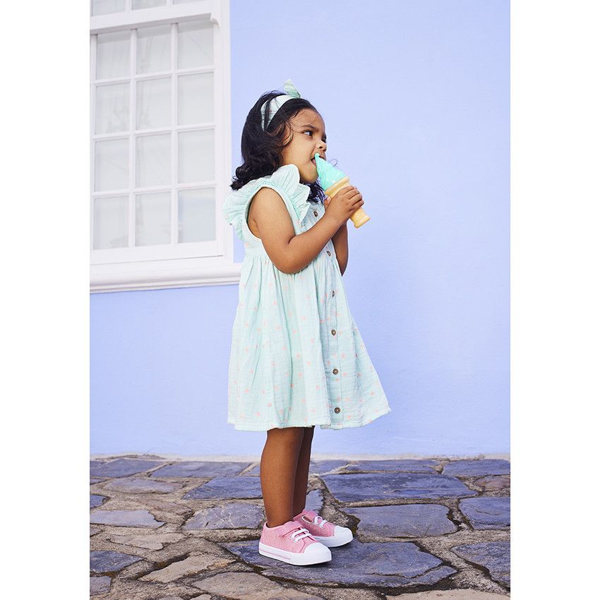 Ensemble 3 pièces robe + bloomer + bandeau à pois pour bébé fille - Bleu