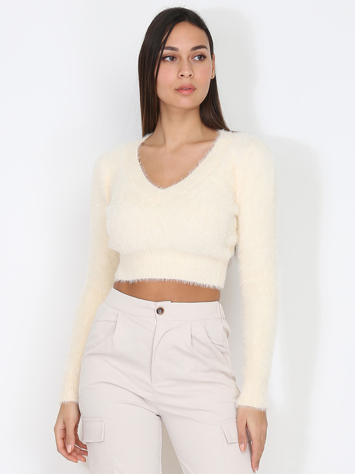 Pull cropped duveteux- Beige