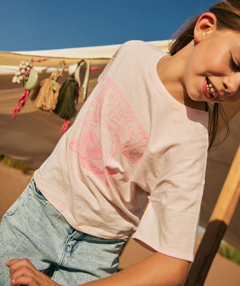 t-shirt manches courtes fille en coton bio rose thème citron