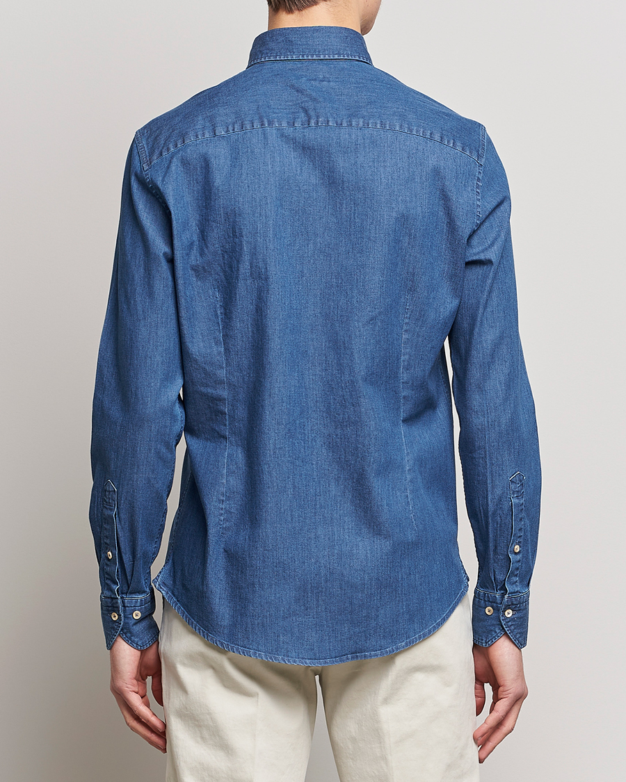 Stenströms Slimline Button Down Garment Washed Shirt Mid Blue Denim