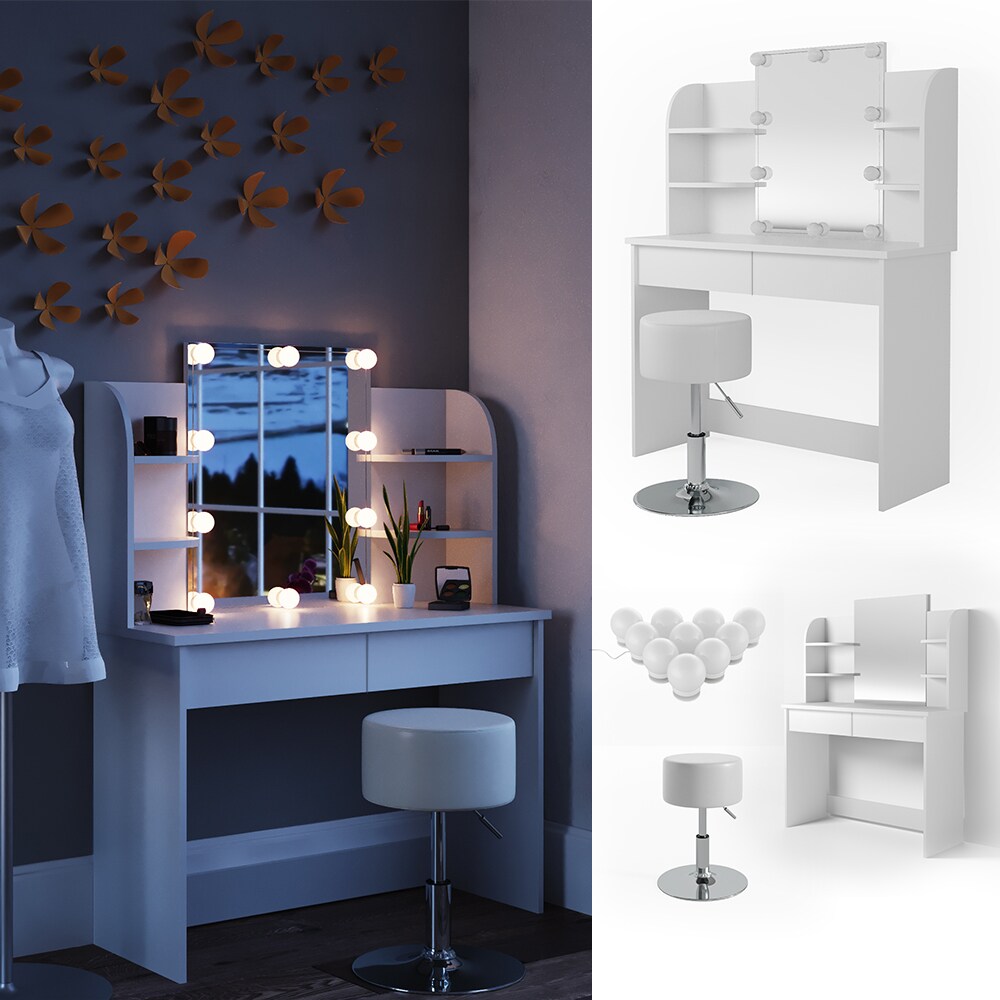 Vicco Schminktisch Charlotte Frisiertisch Frisierkommode Kosmetiktisch Weiß inkl. Designhocker & LED