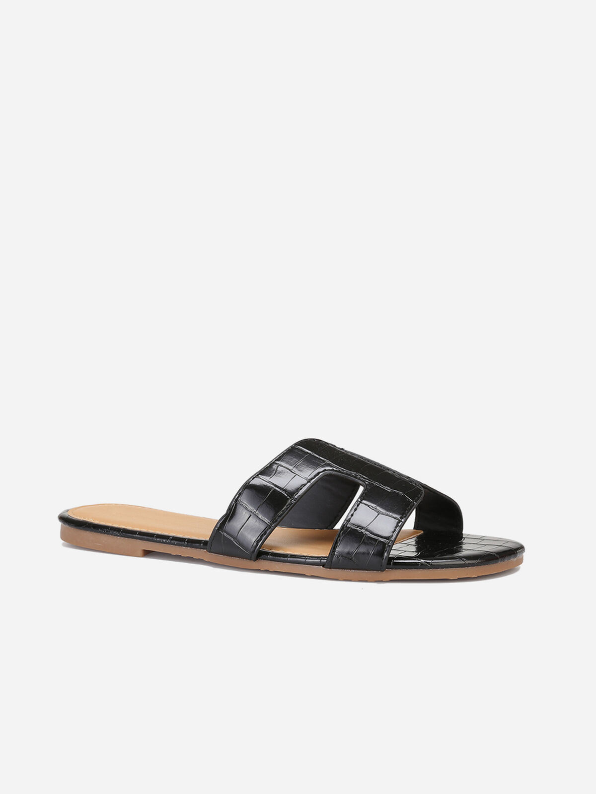 Mules imprimé croco avec brides ajourées- Noir