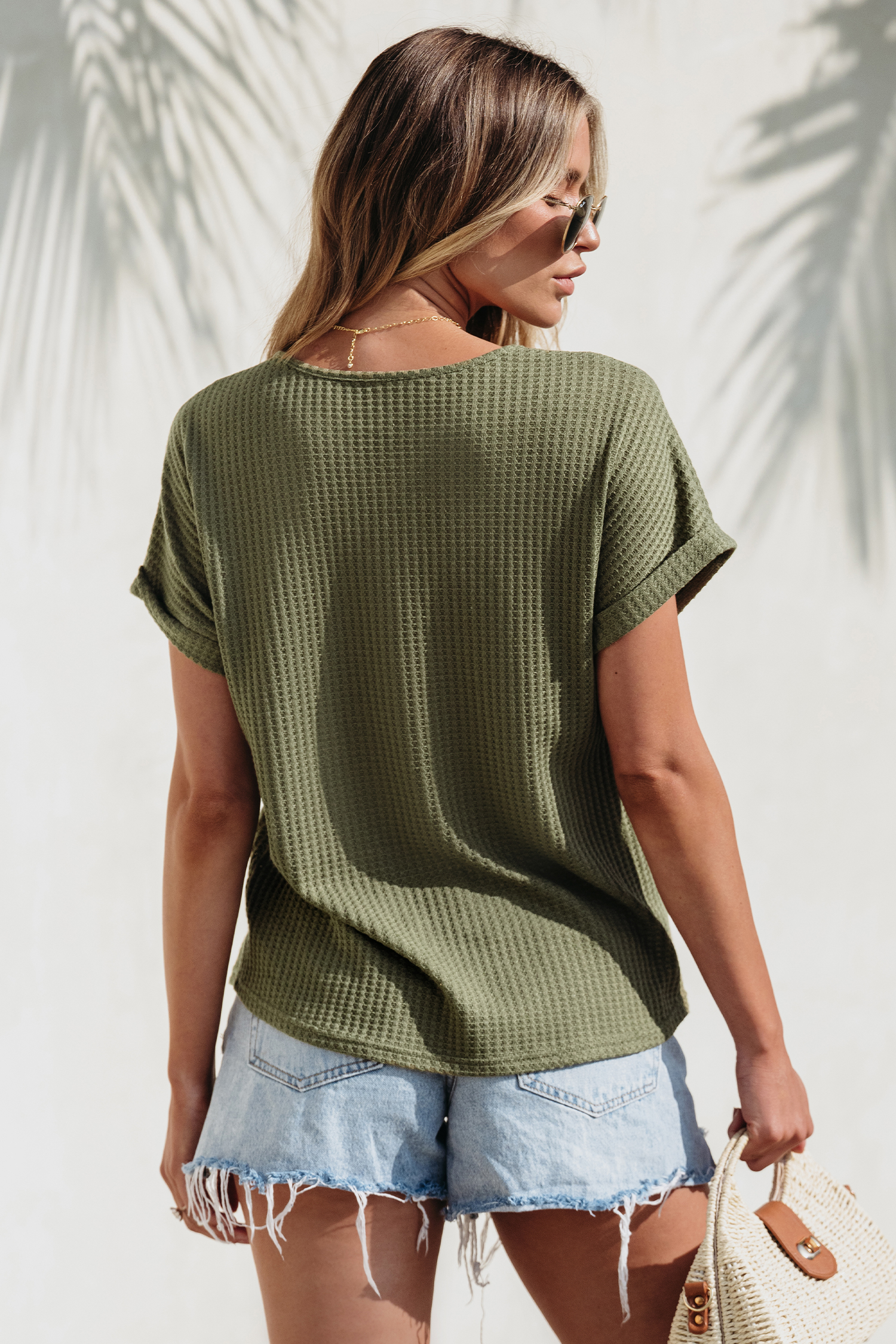 T-shirt en tricot gaufré vert olive