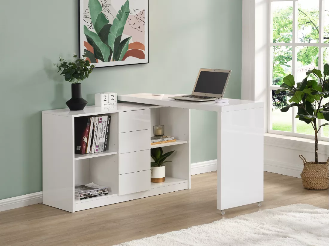 Bureau extensible avec plateau pivotant 360° - MDF - Blanc laqué - PAVELO