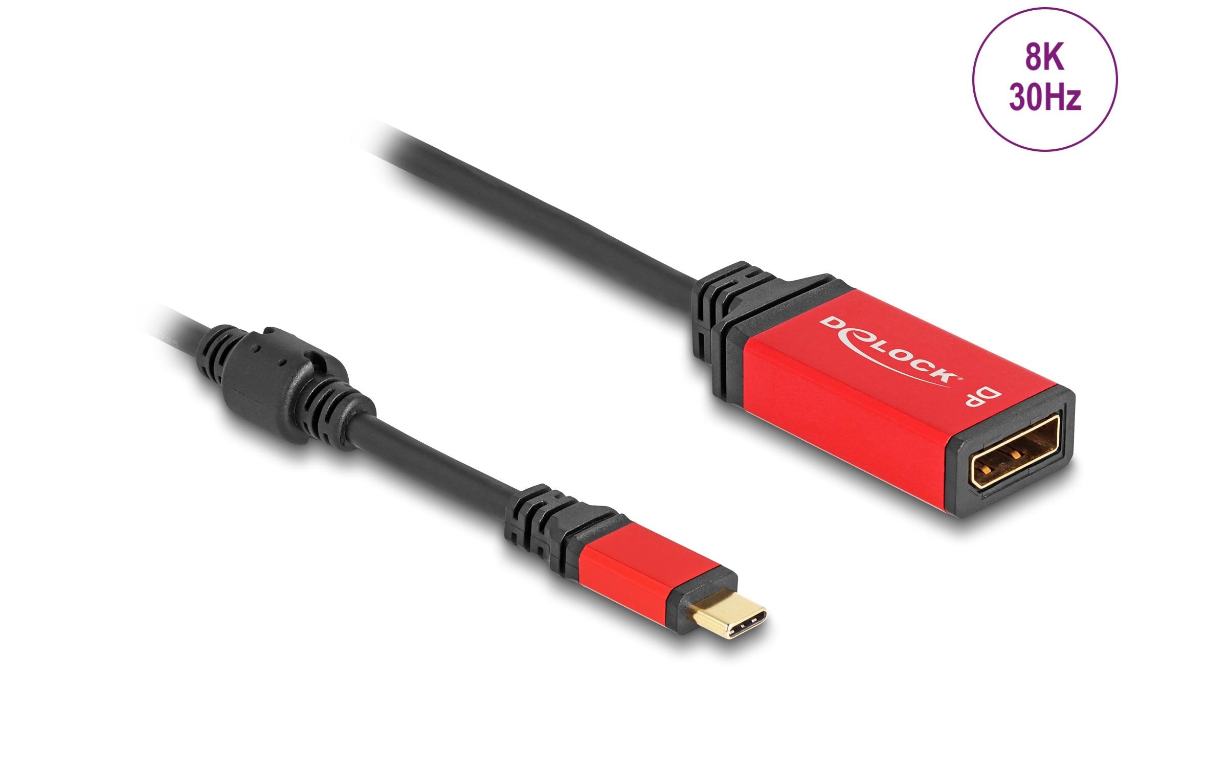 Verlängerungskabel 8K 30Hz USB Type-C - DisplayPort, 0.2 mDelock USB Type-C zu DisplayPort Adapter (DP Alt Mode) 8K 30 Hz mit HDR Funktion rot