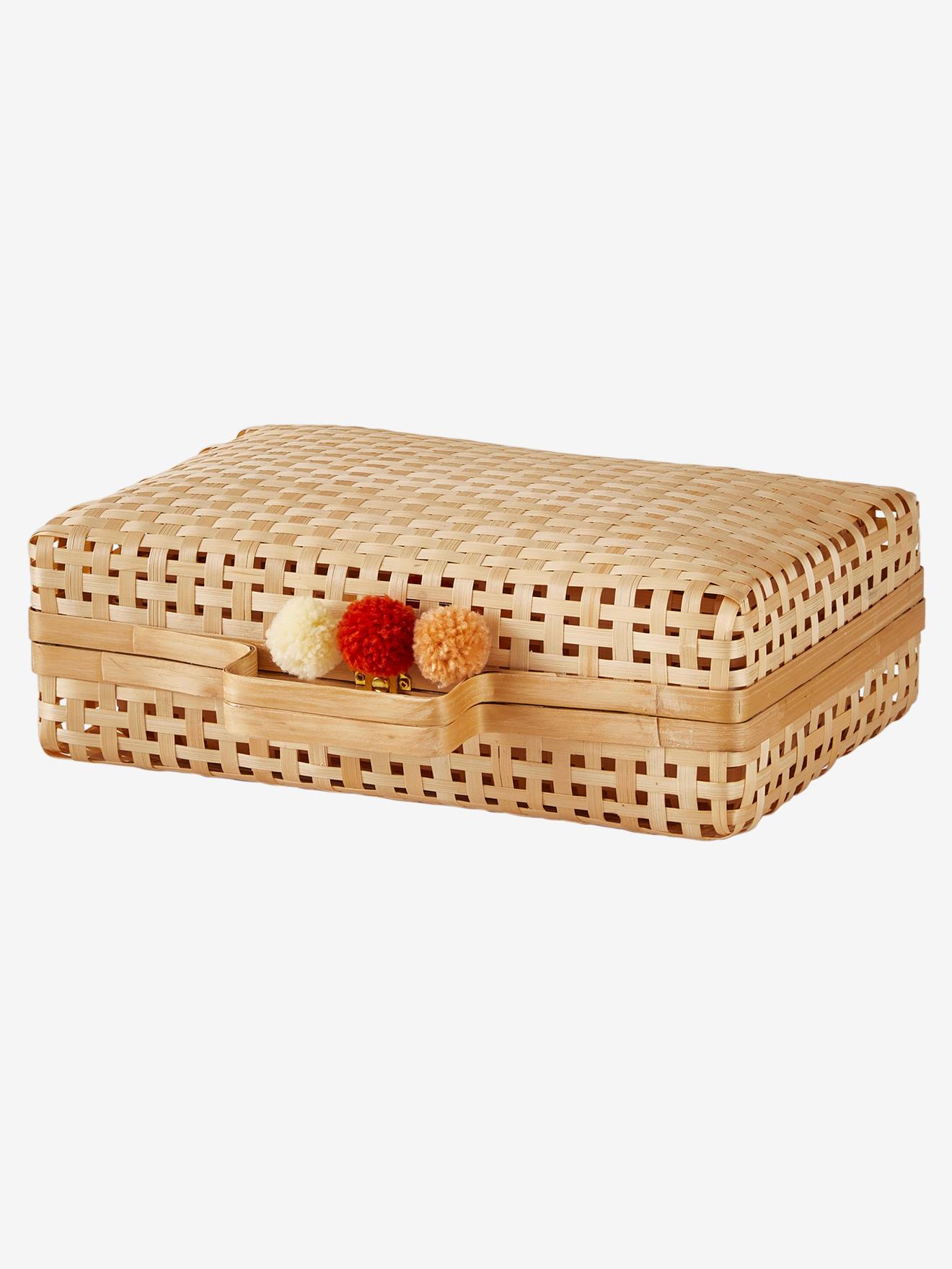 Conjunto de 2 pastas médias lisas de bambu bege com motivos decorativos.