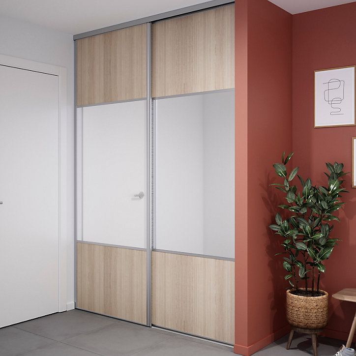 Porte de placard coulissante avec miroir effet chêne clair profil gris GoodHome Arius H. 248,5 x L. 92.2 cm + amortisseurs