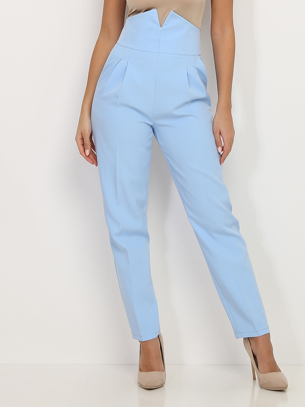 Pantalon droit maxi taille haute- Bleu clair
