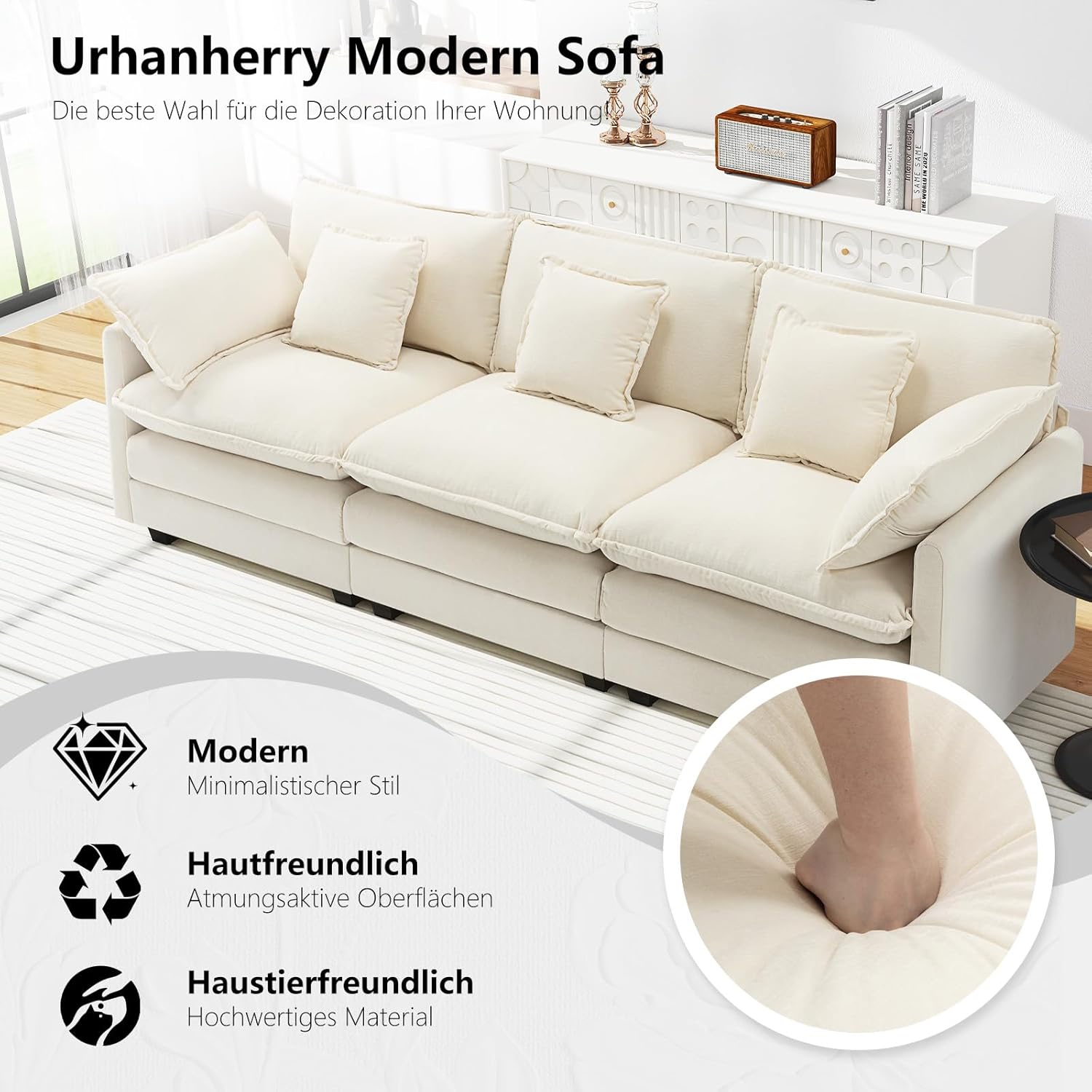 3-Sitzer Cloud Sofa, Bequeme Doppelsitzkissen, Modernes Sofa mit Armlehnen/Dekokissen, Atmungsaktivem Chenille-Stoff, Couch für Wohnzimmer, Beige