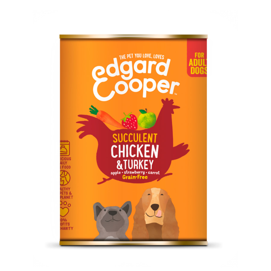 Ração enlatada Edgard & Cooper Adult sem grãos, sabor frango e peru, para cães.
