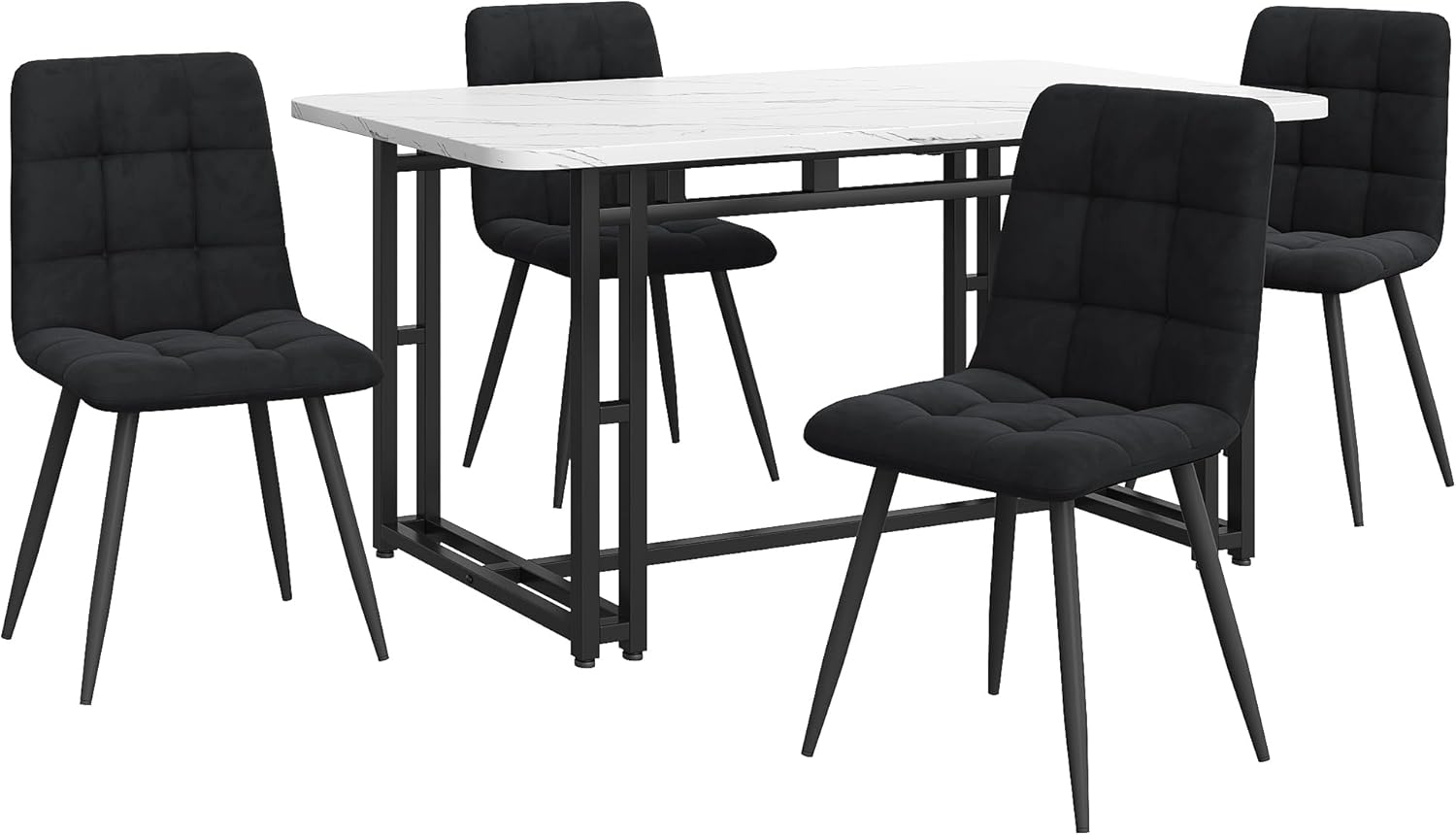 HAUSPROFI Esstisch Set mit 4 Stühlen, Rechteckig Küche Esstisch Sitzgruppe, Modern Design Holzmöbel Esszimmergruppe für Wohnzimmer Küche Büro (Schwarz, Samt, 140x80x74cm)