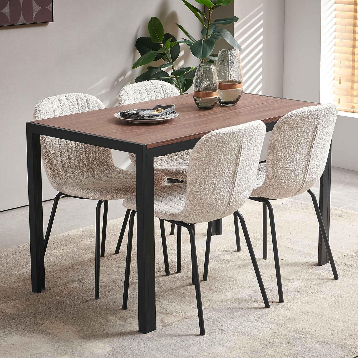 NORDICANA Esszimmerstühle 4er Set, Küchenstühle, Boucle Stuhl, Essstuhl, Retro Design, Metallbeine, für Esszimmer, Wohnzimmer, Küche, Schlafzimmer und Empfangsraum (Beige)