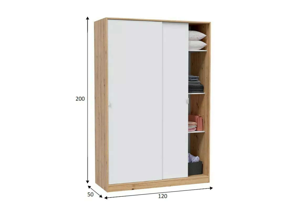 Armoire Dnoce, Armoire de chambre avec 2 portes coulissantes, Armoire avec 3 étagères et tringle à vêtements, 120x50h200 cm, Blanc et Chêne Noeud
