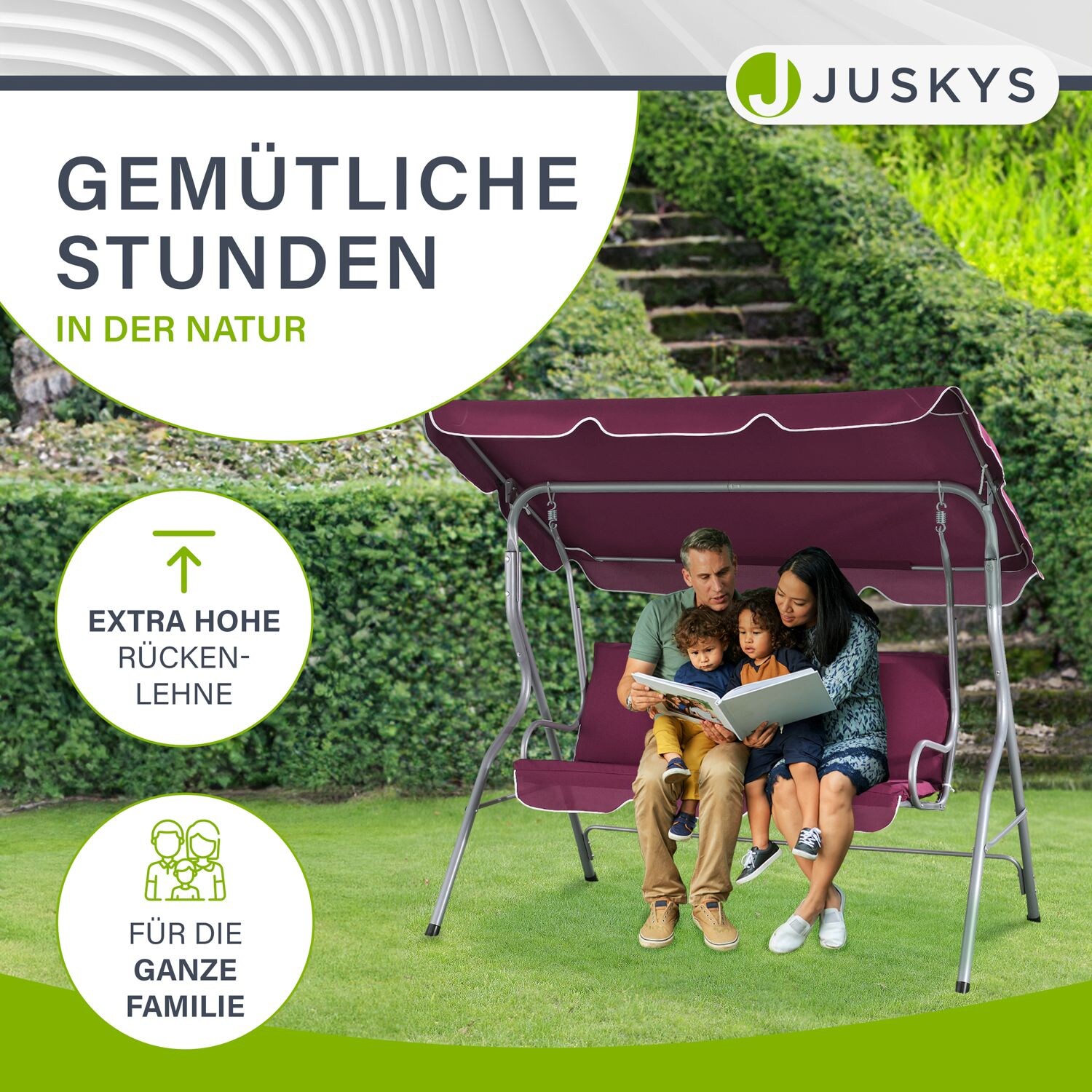 Juskys Hollywoodschaukel 3-Sitzer mit Dach & Sitzauflage – Gartenschaukel 200 kg belastbar - Rot
