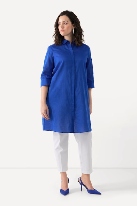 Longbluse, Leinenmix, A-Linie, Hemdkragen, 3/4-Arm