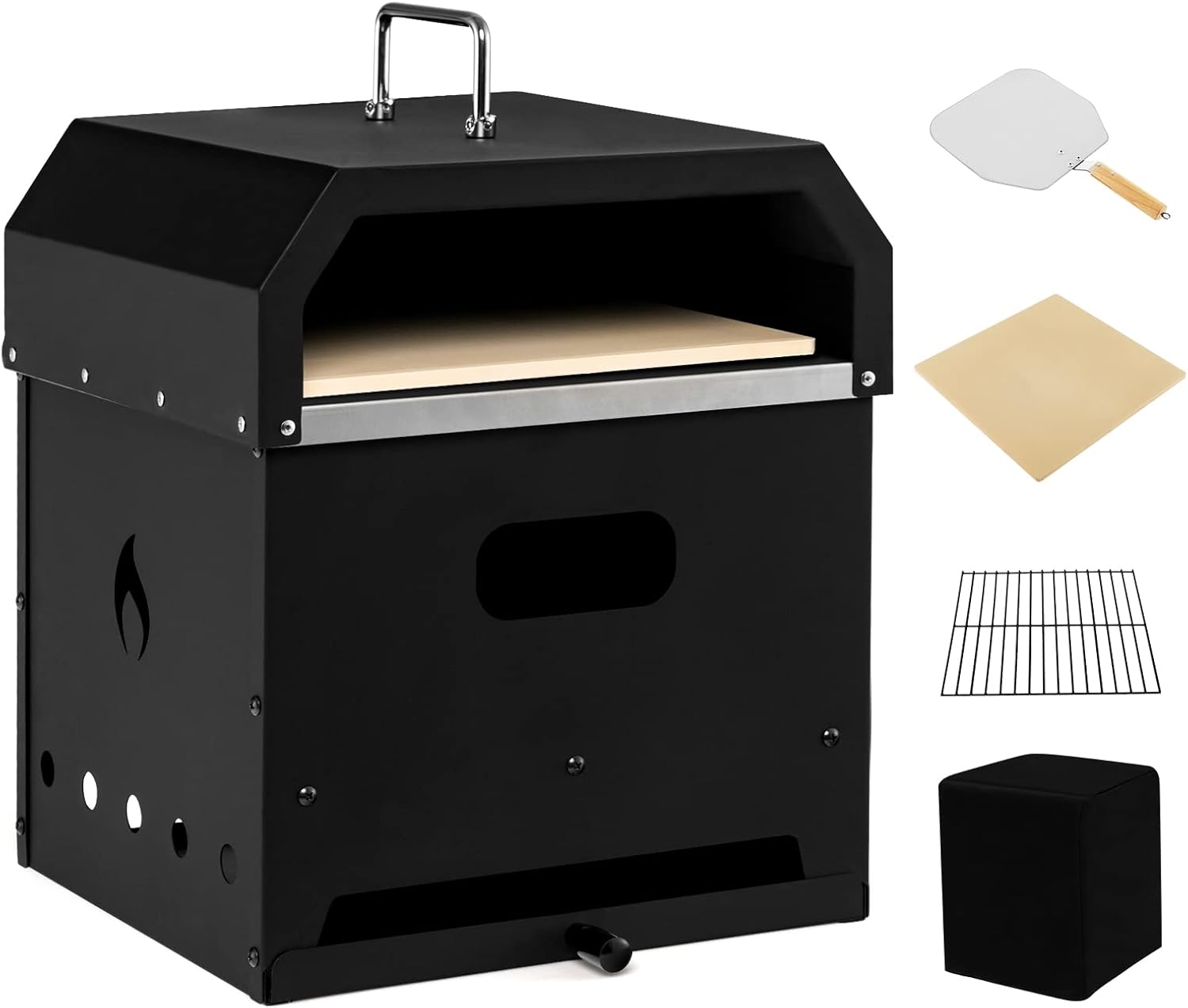 GYMAX Four à Pizza Extérieur Mini, Fours à Pizza au Bois avec Pierre à Pizza, Pelle à Pizza, Jambes Pliantes et Poignées Portables, Ventilateurs Ajustables, Couvercle Imperméable