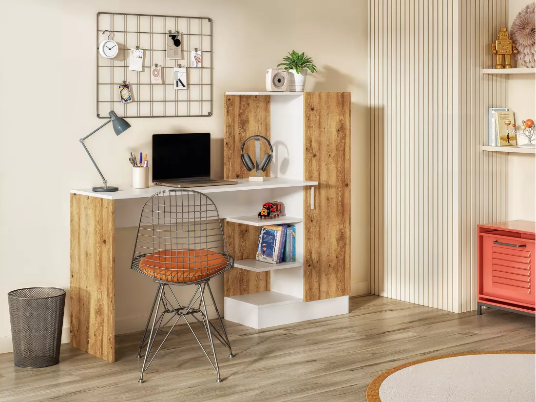 Bureau avec armoire de rangements - Coloris : Naturel et blanc - MILARIA