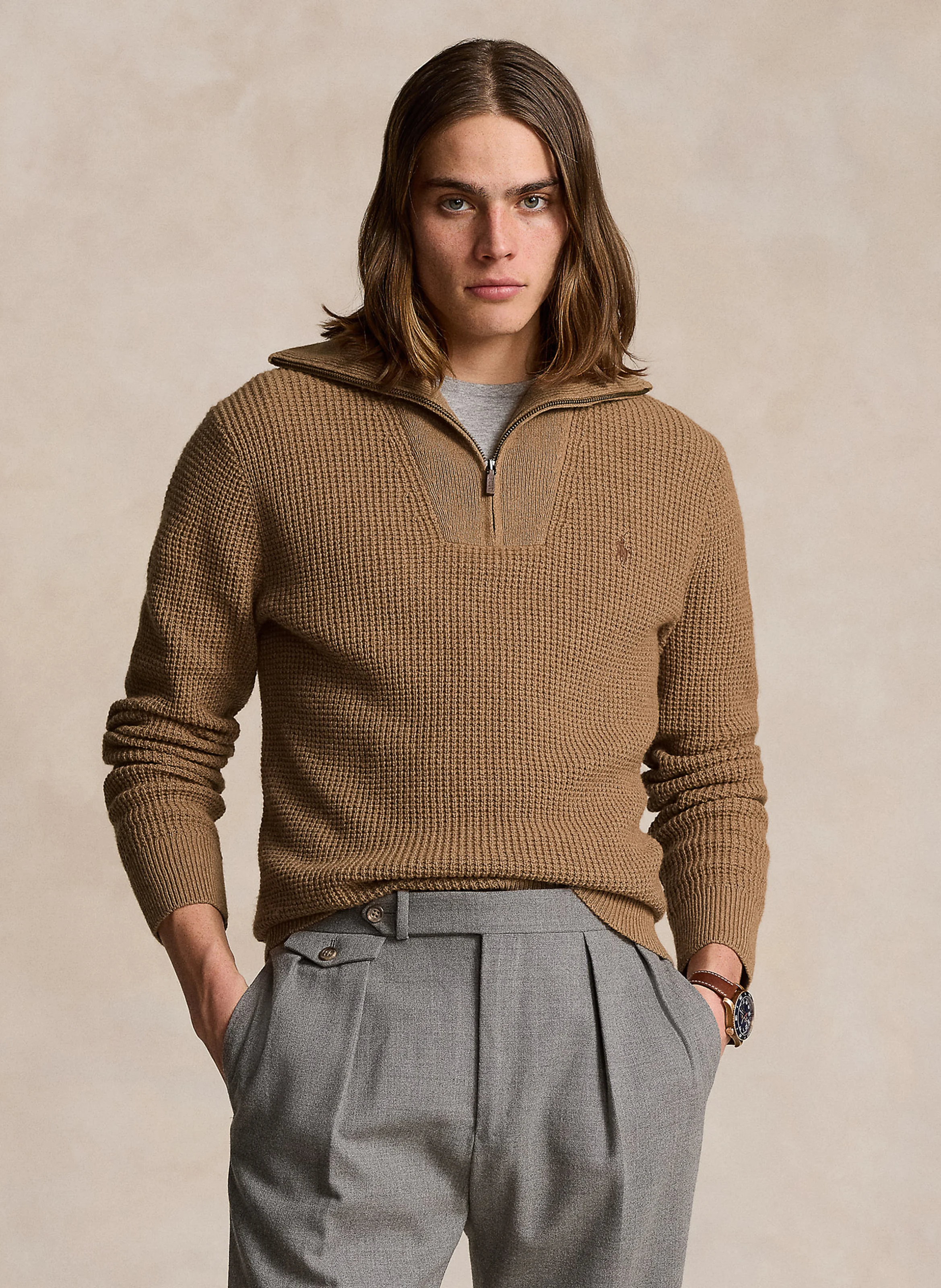 Pull droit col cheminé en laine et coton mélangé | Marron