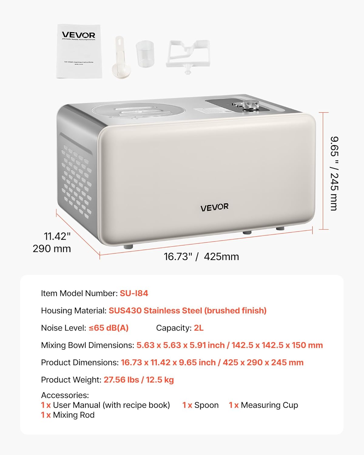 VEVOR automatische Eismaschine 2 QT mit eingebautem Kompressor (150 W) kein Vorgefrieren, Ice Cream Maker mit 3 Modi, elektrischer Eismaschine Frozen Sorbet Maker für die Küche zu Hause