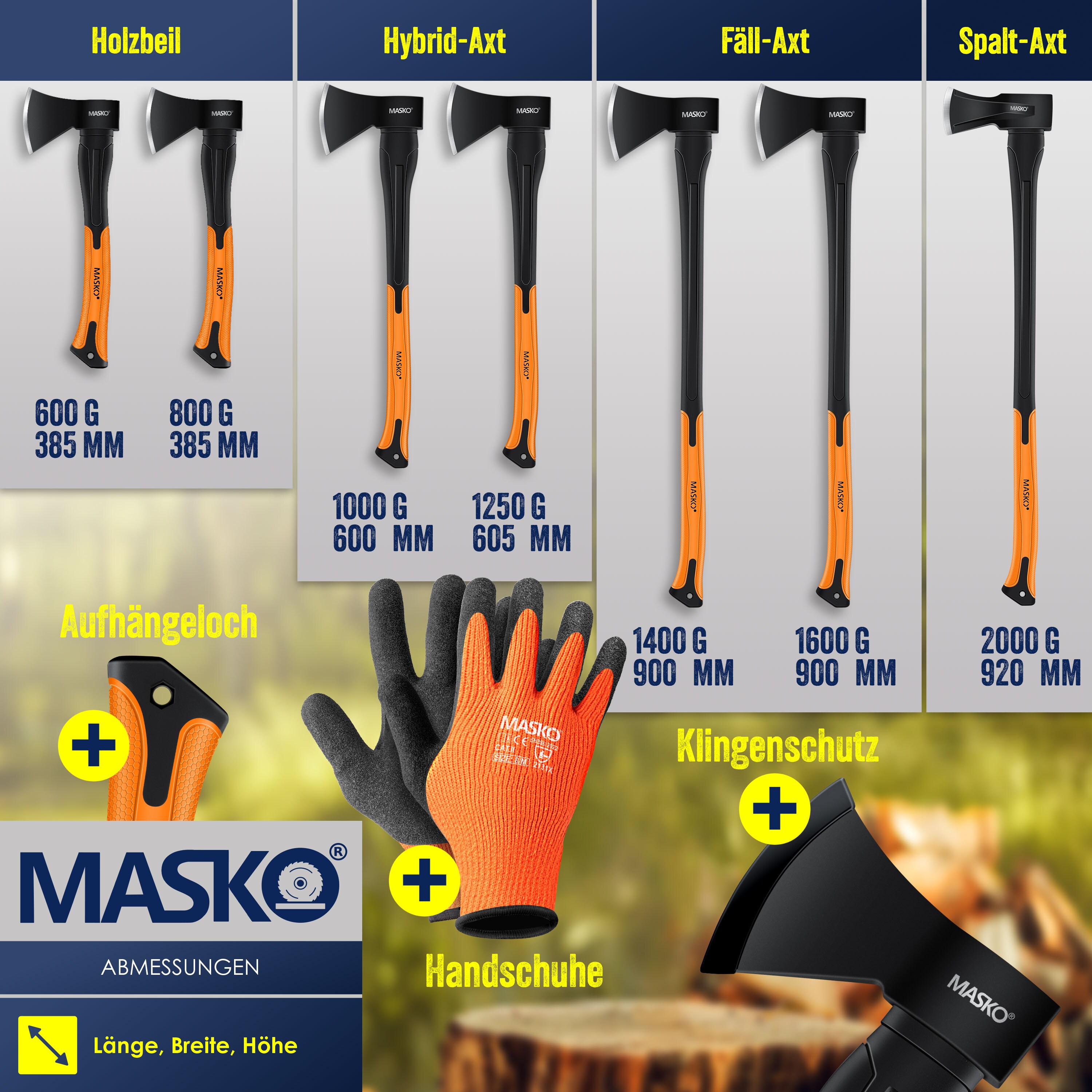 MASKO® Spaltaxt Spaltbeil Axt Beil Spalthammer Spaltkeil FIBERGLAS-Stiel + Handschuhe Die Perfekten Werkzeuge für Garten und Wald Universal | Robust | Langlebig | Rostfrei