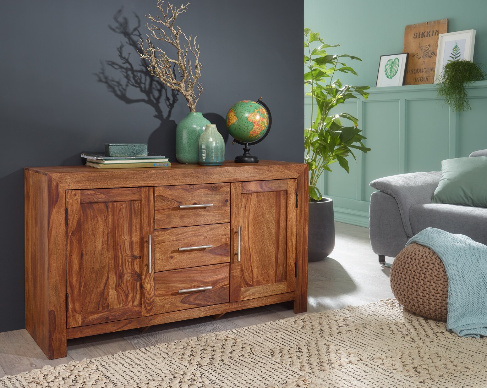 FineBuy Sheesham Massiv Sideboard 118 x 40 cm Massivholz Kommode Anrichte