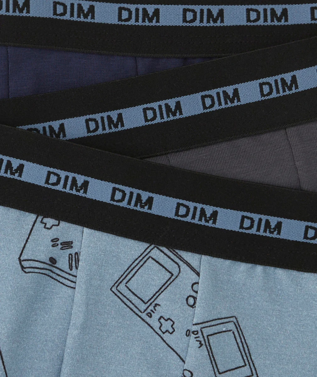DIMLOT DE 3 BOXER GARÇON IMPRIMÉS OU UNIS BLEU ET GRIS