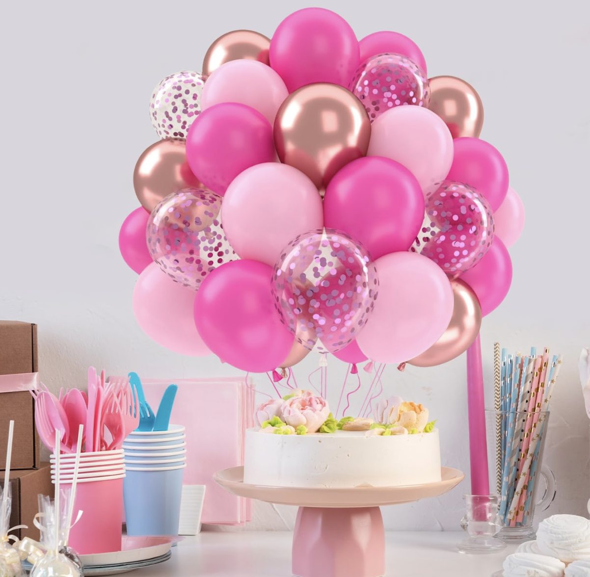 (52er Set) Ø30cm Party Deko Ballons Latex Luftballons mit Konfetti - Pink / Roségold / Rosa