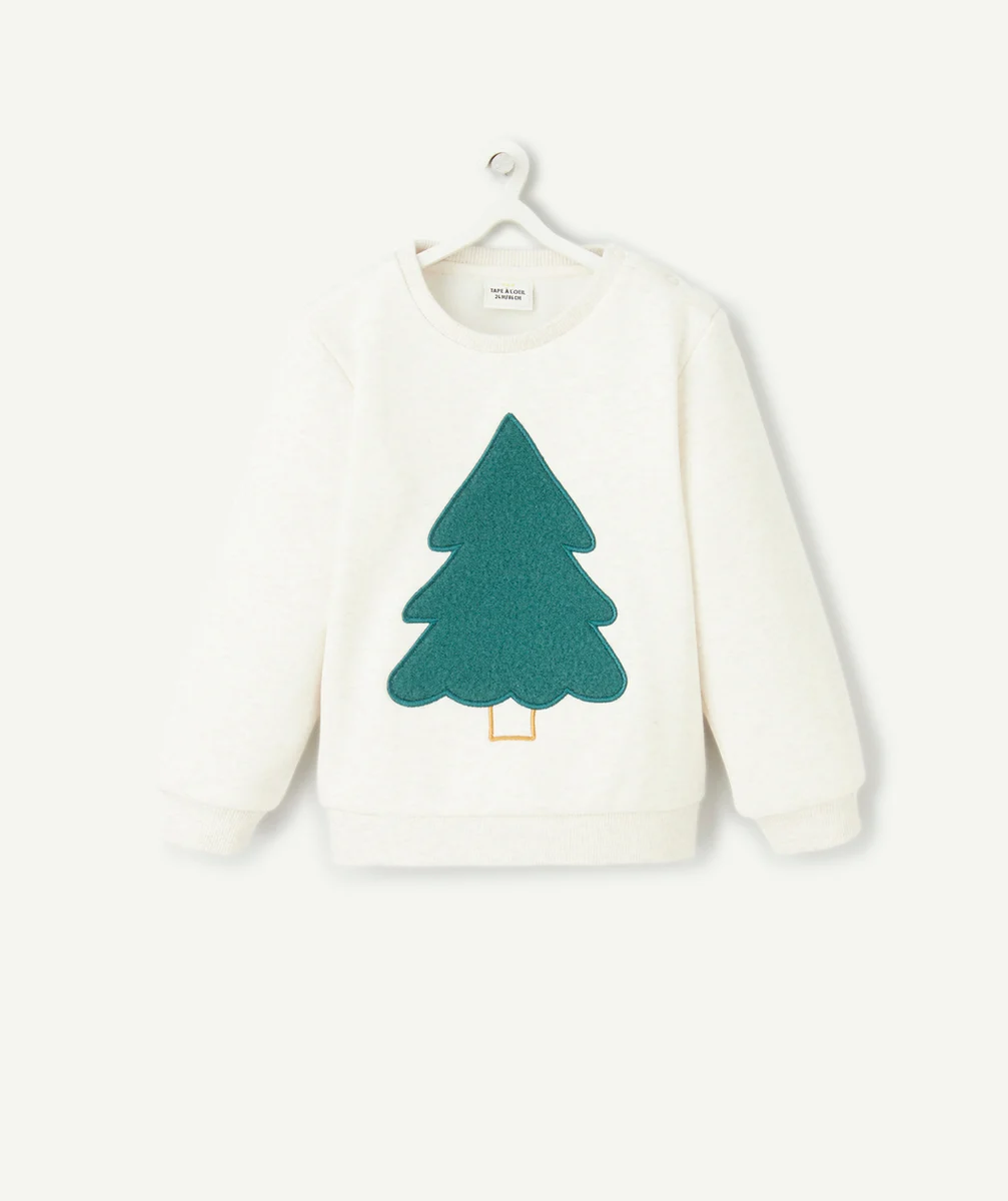 PULL DE NOËL BÉBÉ GARÇON EN FIBRES RECYCLÉES ÉCRU CHINÉ AVEC SAPIN EN SCRATCH
