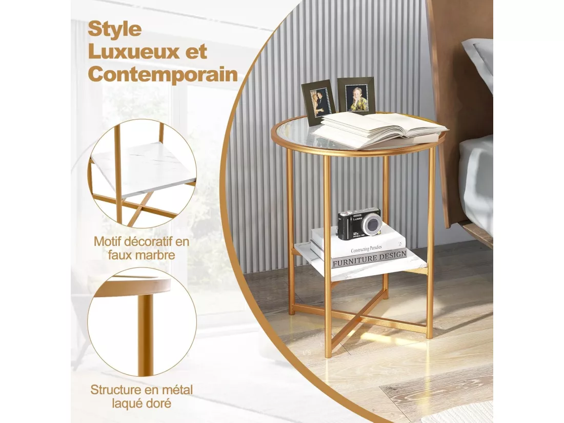 Table d'Appoint Ronde, Bout de Canapé en Verre Trempé Ondulé, Cadre en Métal Doré, Étagère en Faux Marbre, Petite Table Basse Salon Moderne, 50 x 50 x 60 cm