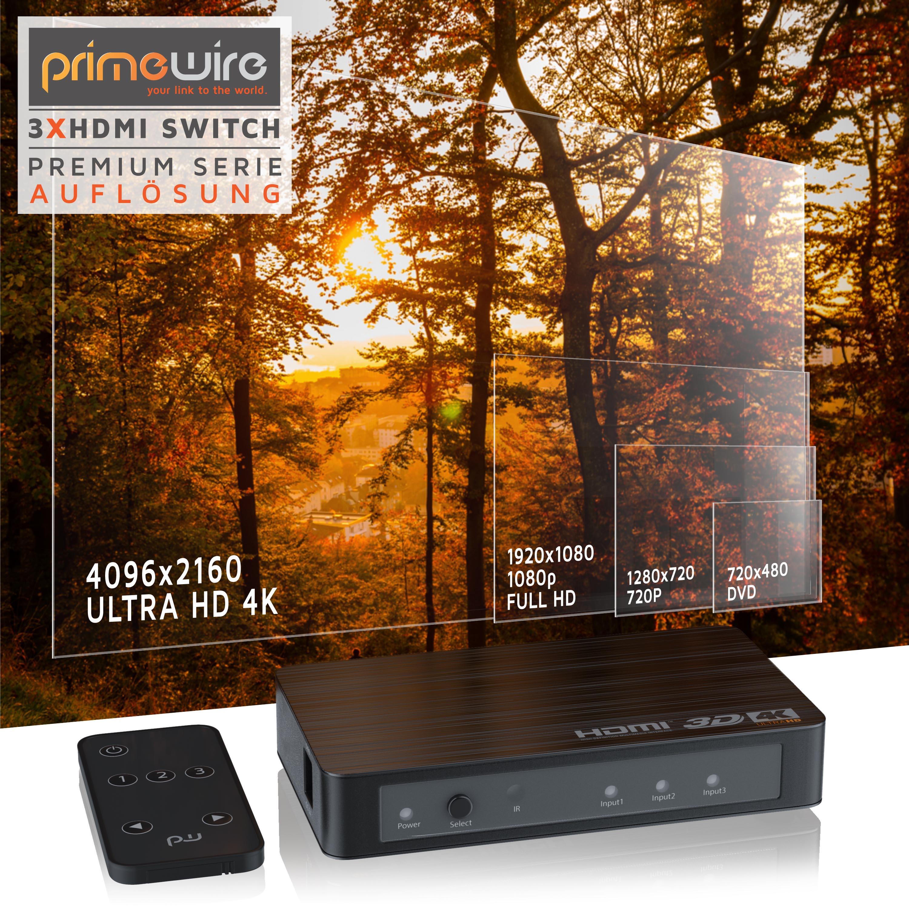 Primewire Ultra HD 4k 3-Port HDMI Umschalter inkl. Fernbedienung 3x HDMI IN / 1x HDMI OUT