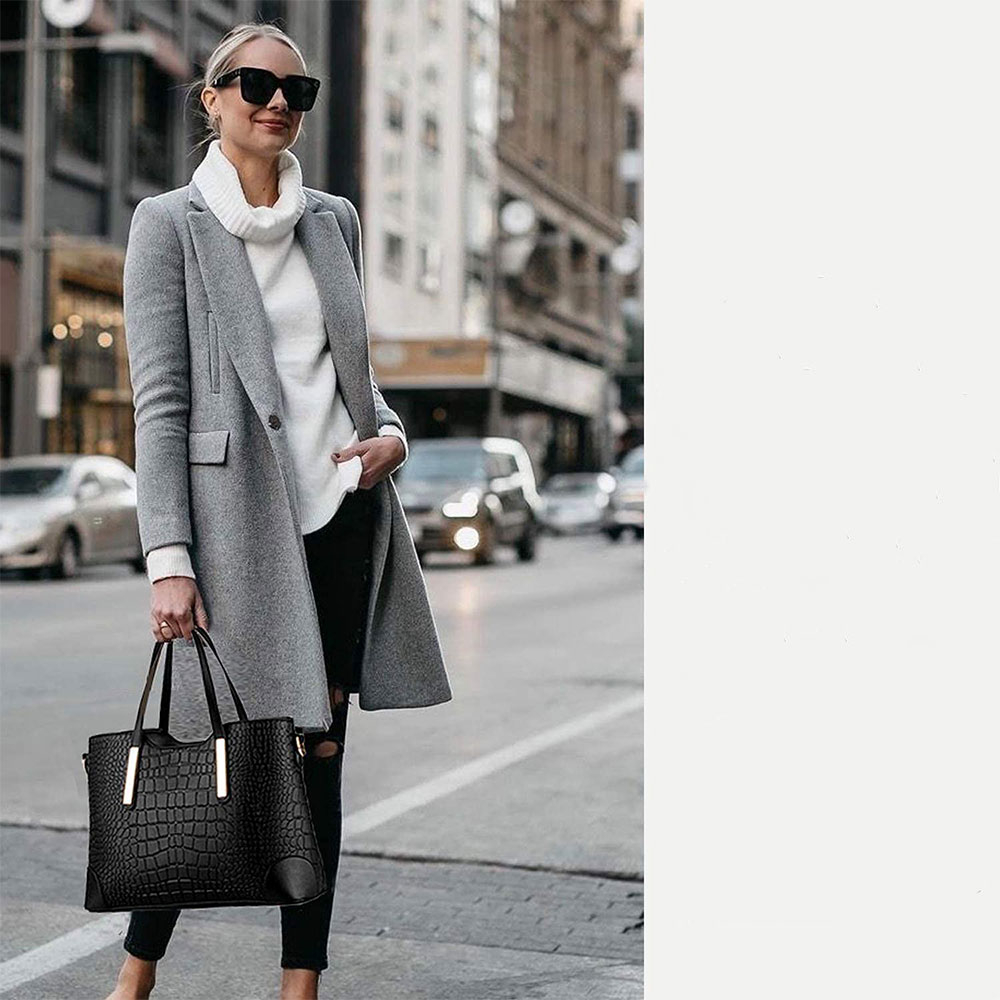 (2-tlg.) Damen Leder Handtasche Fashion Umhängetasche Croco Look - Schwarz