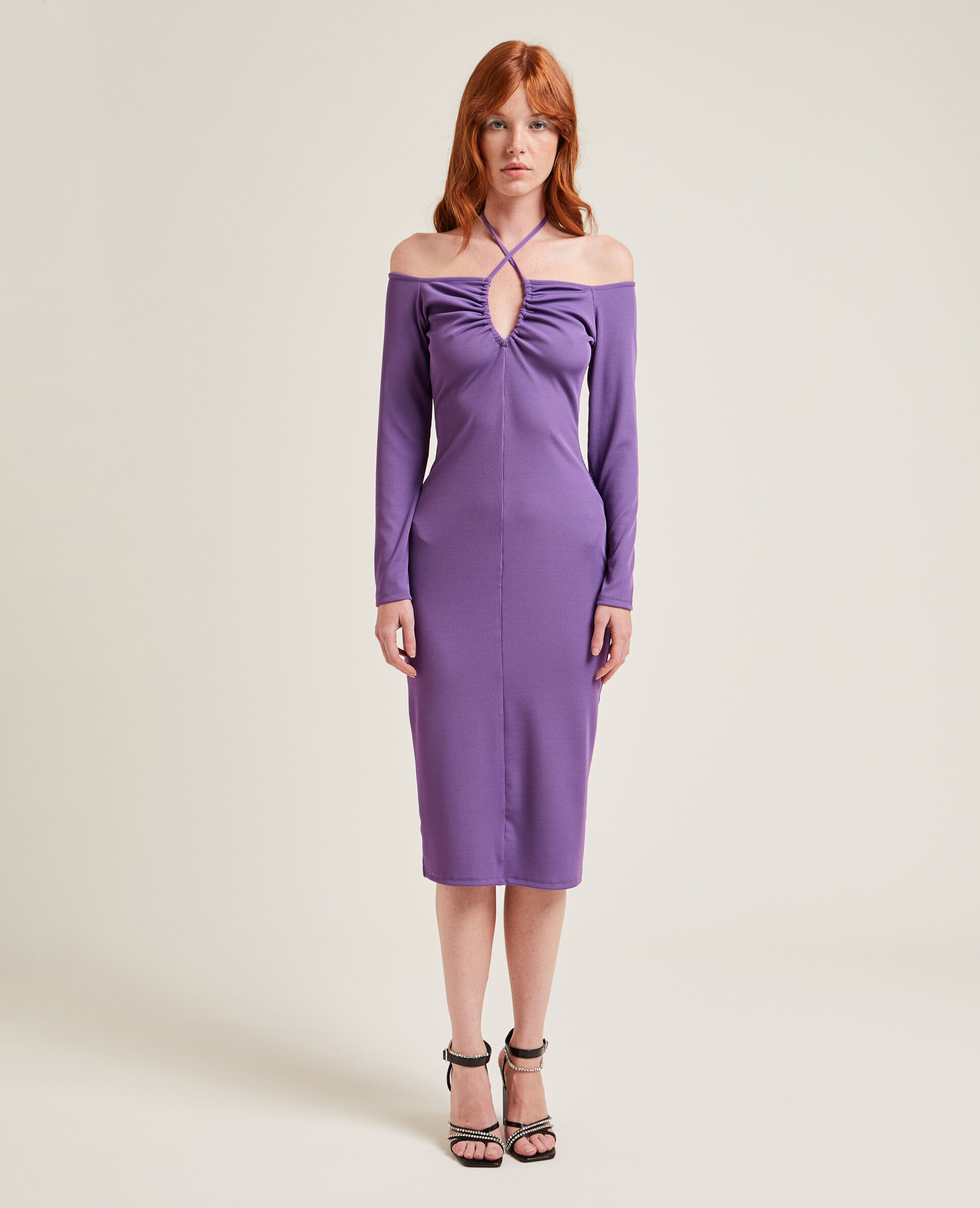 Robe longue en maille côtelée - Violet