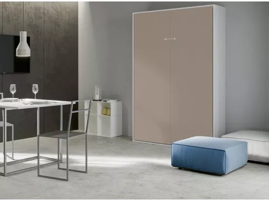 Lit escamotable vertical frêne blanc et porte beige kanto 140x190