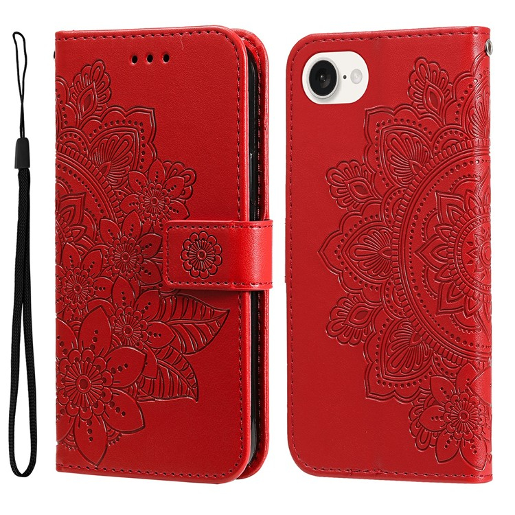 iPhone 16e Leder Tasche Wallet - Mandala Flowers Imprint - Rot
