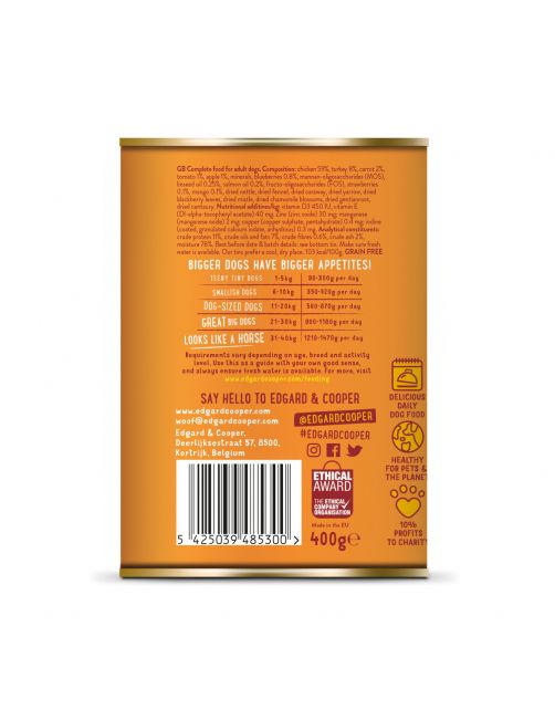 Edgard&Cooper Blik Chicken Turkey Adult - Hondenvoer - Kip Kalkoen Aardbei 400 g Graanvrij