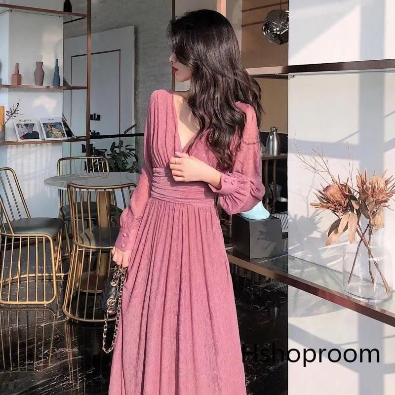 Everose - Maxi A-lijn jurk met lange mouwen, V-hals en glitter