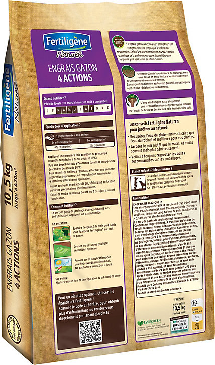 Engrais gazon 4 actions 420m² 10,5kg Fertiligène