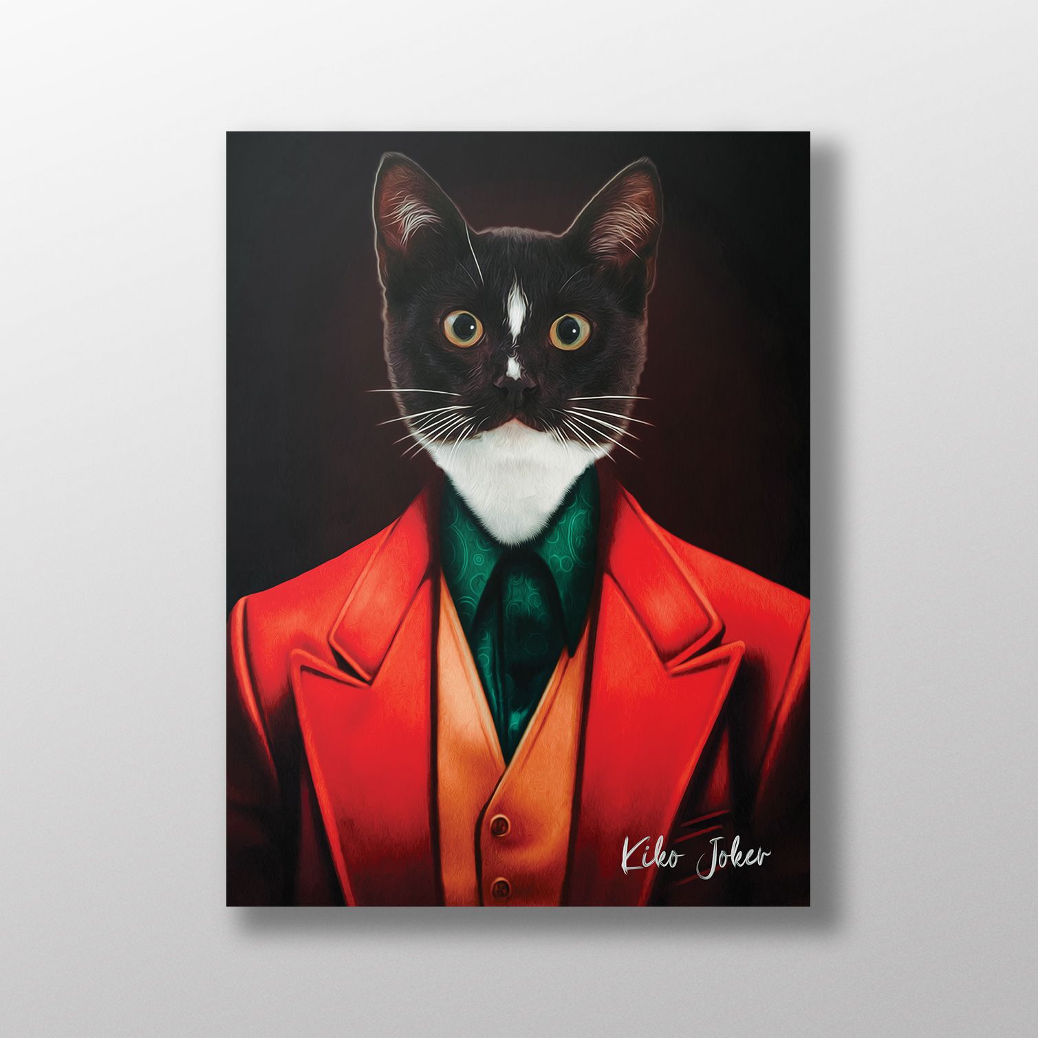 Retrato personalizado do seu animal de estimação em tela estilo Coringa - História de um Animal de Estimação