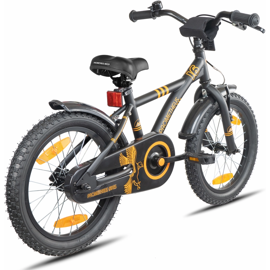 PROMETHEUS BICYCLES® Kinderfahrrad 16, Schwarz-Matt Orange mit Stützrädern
