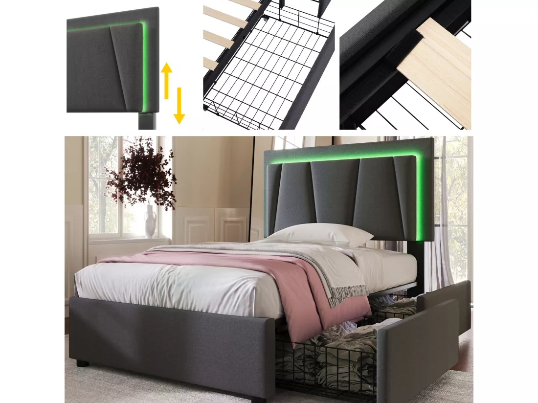 Lit rembourré 90x200cm en lin - avec 2 tiroirs + LED + sommier à lattes - Gris