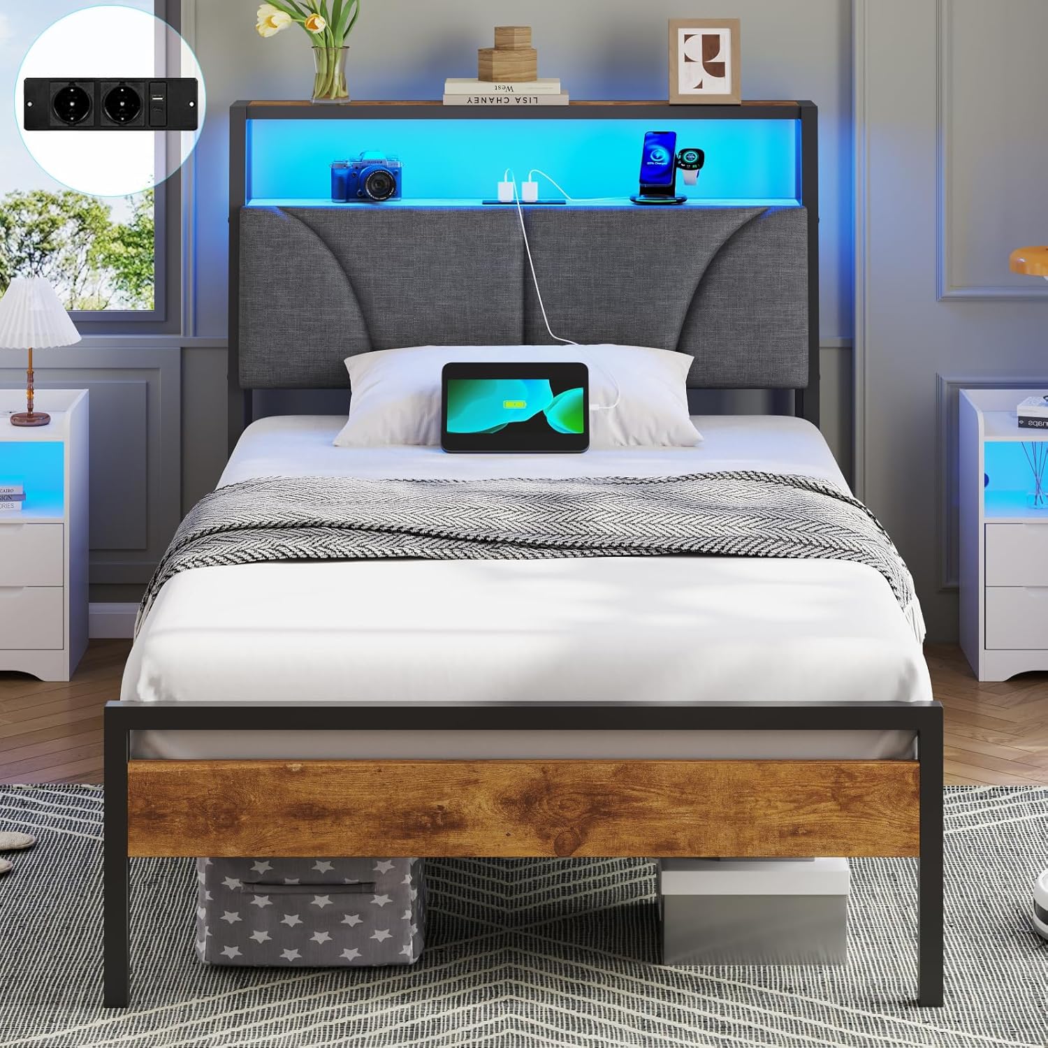 Einzelbett, Jugendbett 90x200 cm mit LED Beleuchtung und Ladestation (2 AC-Steckdosen, USB-A & USB-C-Anschluss) Metallrahmen, Bett 90x200 cm mit gepolstertem Kopfteil, einfache Montage, Grau